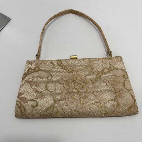 Vintage La Regale Gold Purse Bag Clutch Floral Lace Handle Kiss Lock Formal Prom